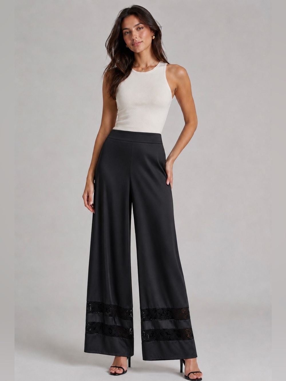 Black Wide-Leg Lace-Trim Pants by